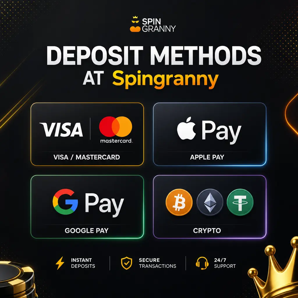 Spingranny deposit methods table showing Visa, Mastercard, Apple Pay, Google Pay, Bitcoin, Ethereum, and USDT options