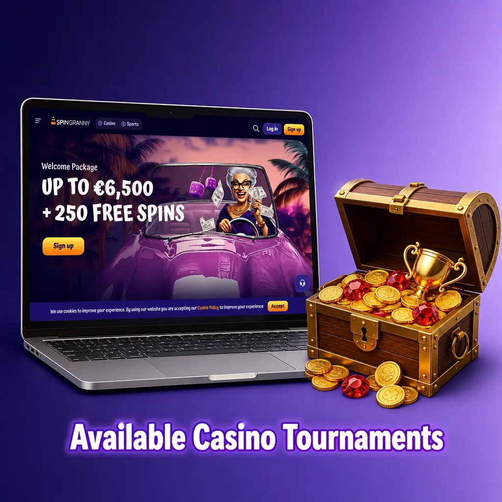 Spingranny casino tournaments table showing daily, weekly, monthly, and seasonal competitions with prize pools and durations