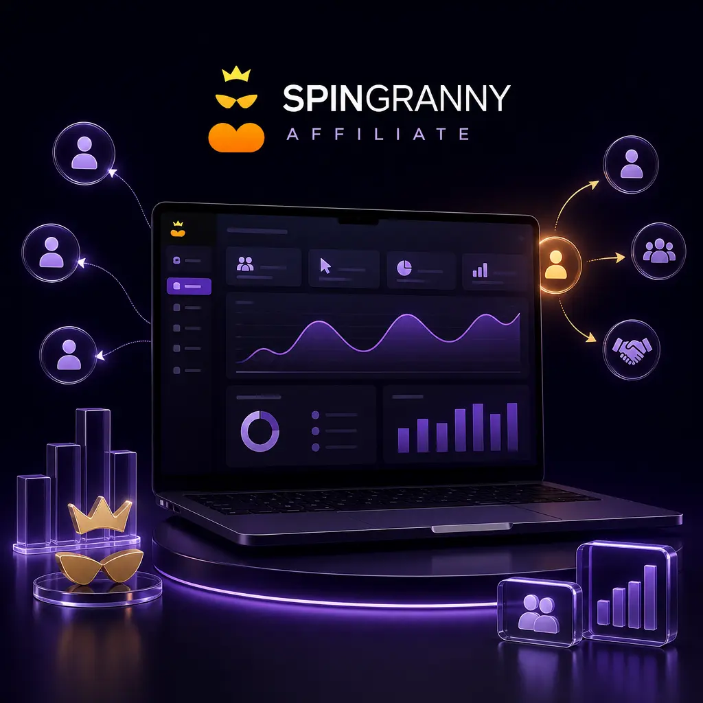 Spingranny affiliate program dashboard showing commission tracking and partner earnings for referring new players