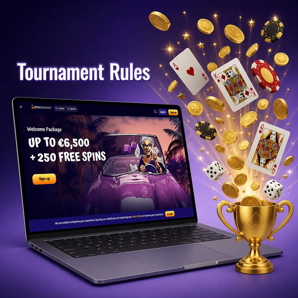 Spingranny tournament rules covering eligibility, qualifying games, scoring, and prize distribution for daily, weekly, and monthly events